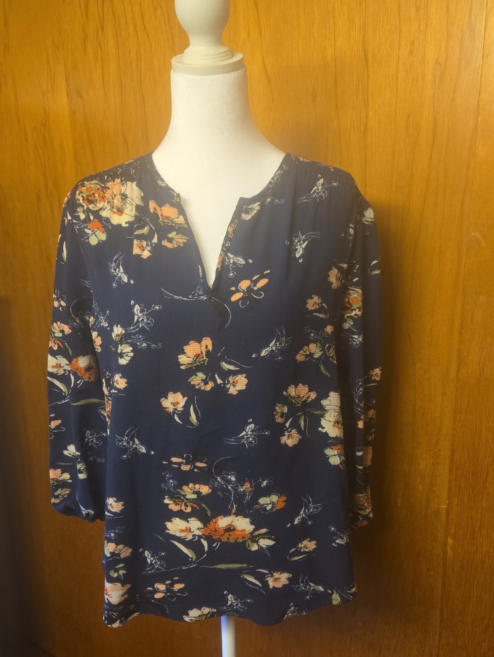 fun 2 fun Navy Floral Split V-Neck Blouse with Peach Accents